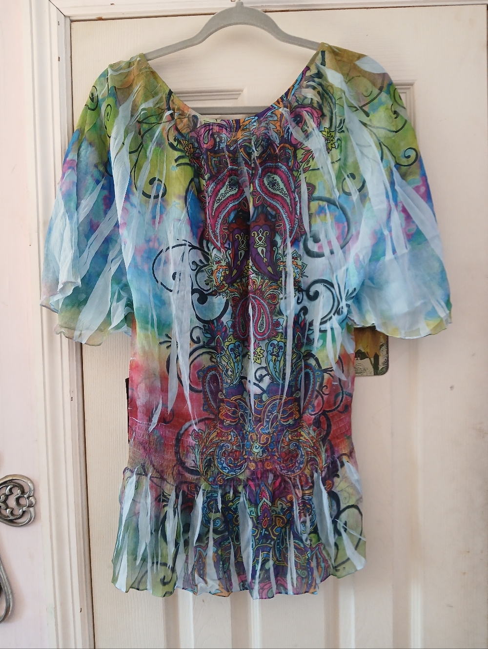 Apt 9 Paisley Flutter Slit Sleeve Sheer Blouse Elastic waist Size  XL Fairy Whim - Picture 5 of 11